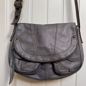 VTG Lucky Brand Blue Grey Distressed Fold Over Leather Stash Bag. 12” x 9” x 3”